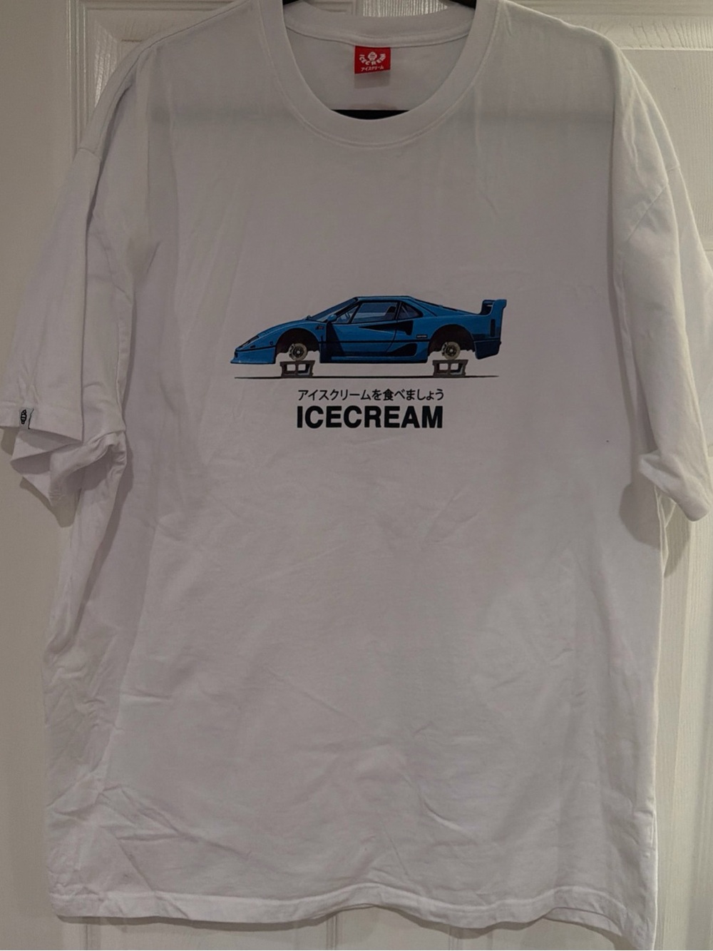 Icecream White Tee with Blue Sports Car Graphic